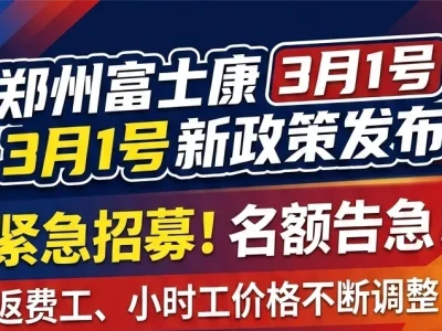 3月1号新政策发布，郑州富士康招募名额越来越紧张，返费工小时工的价格不断的在调整，珍惜机会吧