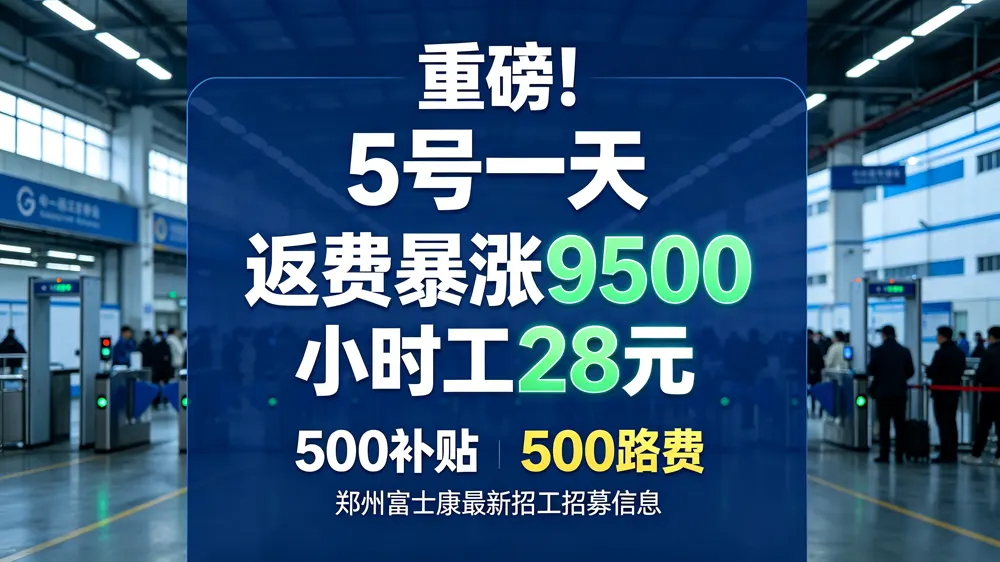 郑州富士康招聘重磅！仅限10月5号1天，返费工9500元，小时工28元/小时+500补贴+500路费..